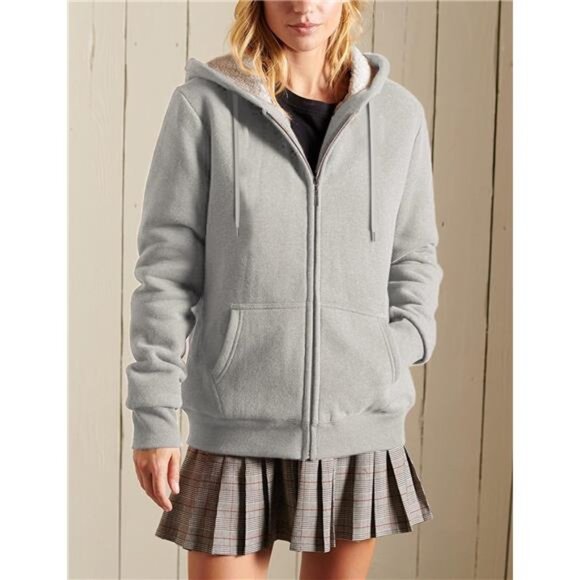 Women's Full Zip Up Sherpa Lined Hoodie Jacket Grey - Picture 2 of 5